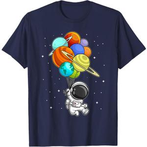 Astronaut Holding Planet Balloons Solar-System Space Kids T-Shirt (Blue) 4T