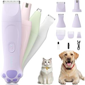 Dog Paw Trimmer - 4-in-1 Dog Clippers Grooming Kit with Low Noise & IPX7 Waterproof Design Includes Comb Paw Trimmer Nail Grinder - Rechargeable & Cordless Pet-Friendly Clipper (Purple) (Lavender)