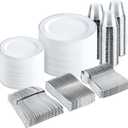 bUCLA 600pcs Silver Plastic Dinnerware Set for 100 Guests - Silver Christmas Dinnerware Set Disposable for Party - Include 100 Dinner Plates,100 Dessert Plates,100Cups,100 Knives,100 Forks,100 Spoons