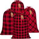 Aneco 4 Pack Big Christmas Buffalo Plaid Drawstring Gift Bags Red and Black Plaid Cotton Christmas Gift Bag Fabric for Xmas Game Party Supplies Santa Claus Backpacks, Extra Large Size 31.5 x 21.7 Inch