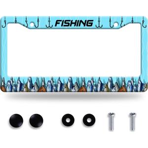 Fishing License Plate Frame Funny Fish License Plate Frames Stainless Steel Accessories Cars Decor with 2 Holes and Screws Fits Standard Us Ca Vehicles License Plate Holder 12.2 X 6 Inch