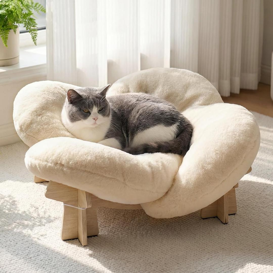 Veehoo Modern Elevated Flower Cat Bed with Washable Fluffy Cushion for Indoor Cats & Small Dogs, Wooden Raised Pet Couch Sofa, Cozy Lounge Chair Suitable for Puppy, Cat Furniture (Khaki)