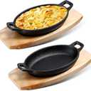 Mifoci 2 Pcs Cast Iron Skillet with Wooden Base Mini Cast Iron Fajita Plates Baker's Skillet Matte Black Small Pan for Kitchen Restaurant Barbecue Dinner (8.7 x 4.7 x 1.6 Inches)