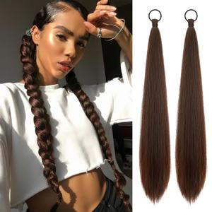 Yaki Straight Ponytail Extension 2 PCS 26 Inch Dark Reddish Brown Ponytail Extensions for Black Women 90g Synthetic Hairpieces for Braided Ponytail Extension DIY Daily Party Use
