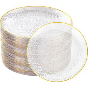 Rubtlamp 100 Pcs Gold Plastic Plates, 10 inch Clear Gold Dinner Plates, Hammer Pattern Design, Fancy Disposable Plate, Heavy Duty Party Plate Ideal for Party