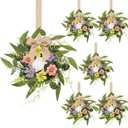 6 Pcs Small Spring Summer Hanging Wreaths for Cabinets with Pink Purple Yellow Daisy Flowers and Eucalyptus Leaves Mini Candle Ring Wreath for Home Kitchen Front Door Window Porch Wall Wedding Decor