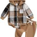 Douhoow Infant Baby Fall Clothes Boy Girl Plaid Hoodie Sweatshirt Romper Flannel Tops+ Sweatpants Festival Outfits, Size 0-6 month