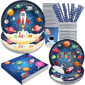 Space Birthday Party Supplies Decorations, Outer Space Theme Paper Plates and Napkins Set for 24 Guests, 120 Pcs Disposable Galaxy Party Dessert Dinnerware (Rocket)