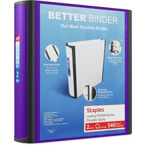 Staples Better Binder, 2" Heavy‑Duty D‑Ring 3‑Ring Binder, Purple, Reinforced Spine, 540‑Sheet Capacity, Durable for School, Office & Filing, 2‑Pack