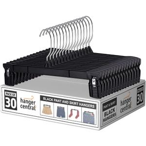 Hanger Central 30 Pack Space Saving Heavy Duty Slim Plastic Pants, Skirts and Shorts Hangers, Ridged Non-Slip with Pinch Clips, 360-Rotating Chrome Swivel Hook, in Black, 10 Inches