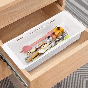 Booson 2 PCS Deep Drawer Organizer Bin Adjustable Sliding Drawer Organizers Expandable Kitchen Organizer Trays for Home Office Makeup Storage Tools