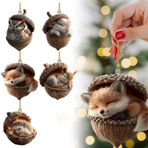 3 x 2026 New Forest Animal Acorn Christmas Ornaments, 2D Flat Cozy Forest Pine Cone Animal Decoration, Woodland Creature Hanging Acrylic Ornament for Home Decor 5PCS