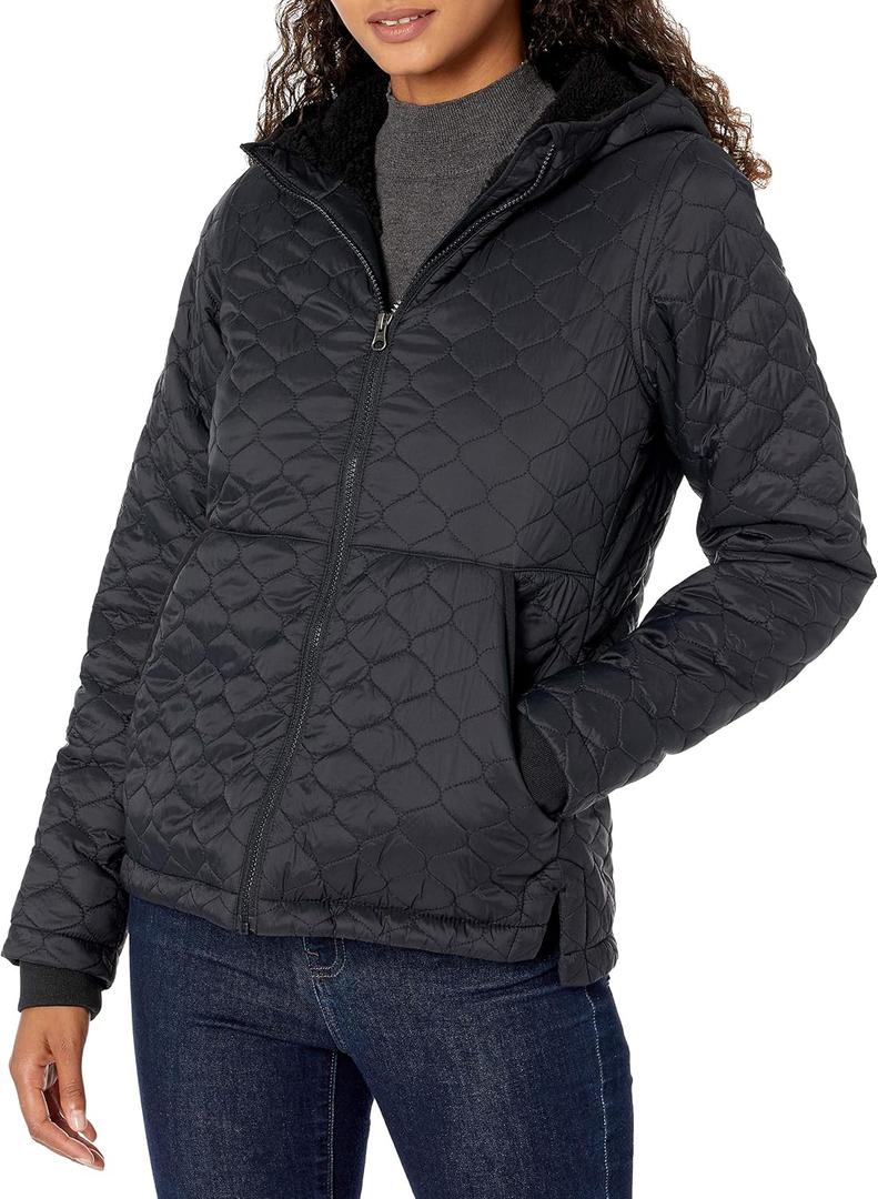 Essentials Women's Lightweight Quilted Full-Zip Water-Resistant Sherpa-Lined Hooded Puffer Jacket, Black, X-Large