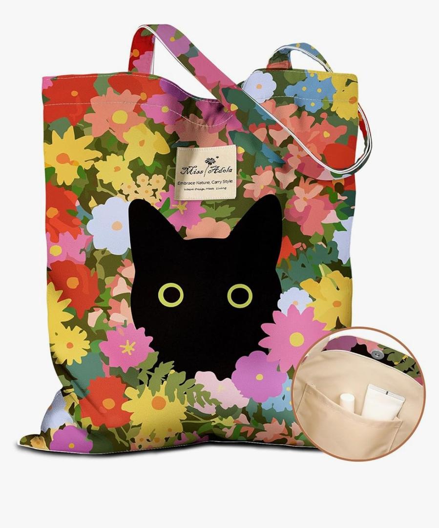 Cloth Tote Bag for Women - Reusable Tote with Pocket & Buckle Cute Retro Design Ladies Cotton Printed Shoulder Bag