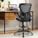 Drafting Chair Tall Office Chair 300lbs Ergonomic Standing Desk Chair with Lumbar Support and Adjustable Footrest Ring, Comfy Mesh Rolling Chair with Flip-up Armrests, Black