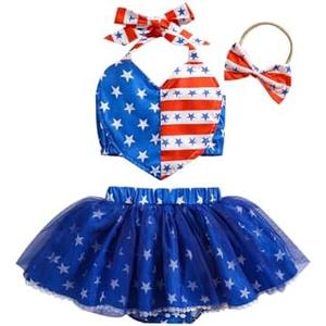 Aiwpstoin 4th of July Baby Girl Outfit American Flag Halter Tank Cami Top Tulle Skirt Headband Fourth of July Clothes 6-12M
