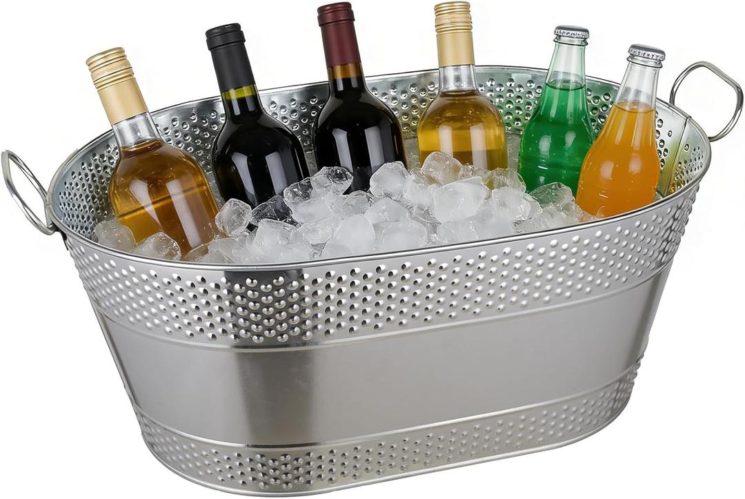 1 Pack 4 Gallon Galvanized Ice Bucket, Large Galvanized Beverage Tub Ice Bucket for Parties, Thick Metal Beverage Buckets with Handles, Oval Drink Buckets for Parties Indoor or Outdoor (Sliver)
