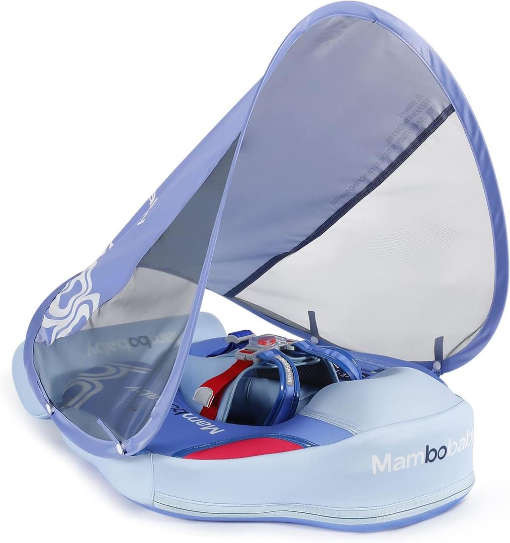 Mambo Non-Inflatable Swim Float Soft Waterproof Float Skin-Friendly Swim Trainer with Tail Float + Sun Canopy for 3-24 Months Boys Girls (Blue)
