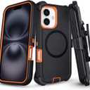 Phone Case for iPhone 16 Case with Belt Clip, Defender for iPhone 16 Case with Stand, [Compatible with MagSafe] 3-Layer Heavy Duty Rugged Military Grade Protection Cover for iPhone16 (Black+Orange)