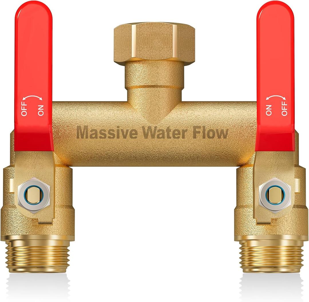 Hose Splitter 2 Way Heavy Duty, Full Flow Garden Hose Splitter with 2 Long Metal Handles, Brass Rust and Freeze Resistant Water Hose Bib Splitter, T Adapter Connector with 3/4 - Inch GHT Thread Red