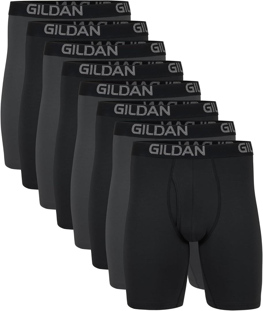 Gildan Men's Underwear Cotton Stretch Boxer Briefs, Multipack (Black Soot/Charcoal Sky (8-pack, Long Leg)) XL