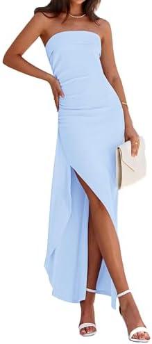 PRETTYGARDEN Women's Off Shoulder Bodycon Dresses 2025 Summer Ruched Asymmetrical High Split Elegant Cocktail Party Dress S