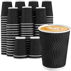 Lamosi Disposable Coffee Cups 12 oz 100 Pack, Paper Coffee Cups 12 oz for Hot Drinks or Cold Beverages, Insulated Corrugated Ripple Wall Cup for Office, Cafe, Home or Travel (Black)