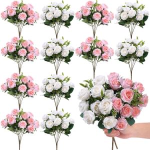 Zeyune 12 Bunches 12 in Mini Rose Artificial Flower Wedding Table Centerpieces Artificial Silk Roses Flower 120 Heads White and Pink Fake Bouquet for Bridal Shower Party Decoration