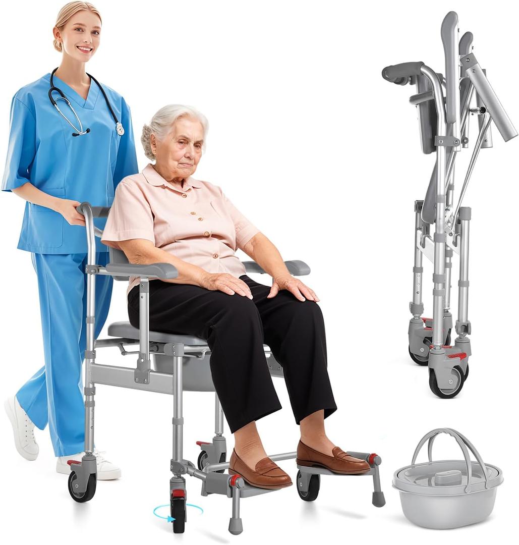 Shower Wheelchair, Bedside Commode, 4 in 1 Rolling Shower Chair with Wheels, Swivel Up Armrest for Easy Transfer, Adjustable Transport Wheelchair for Elderly, Disabled & Post-op
