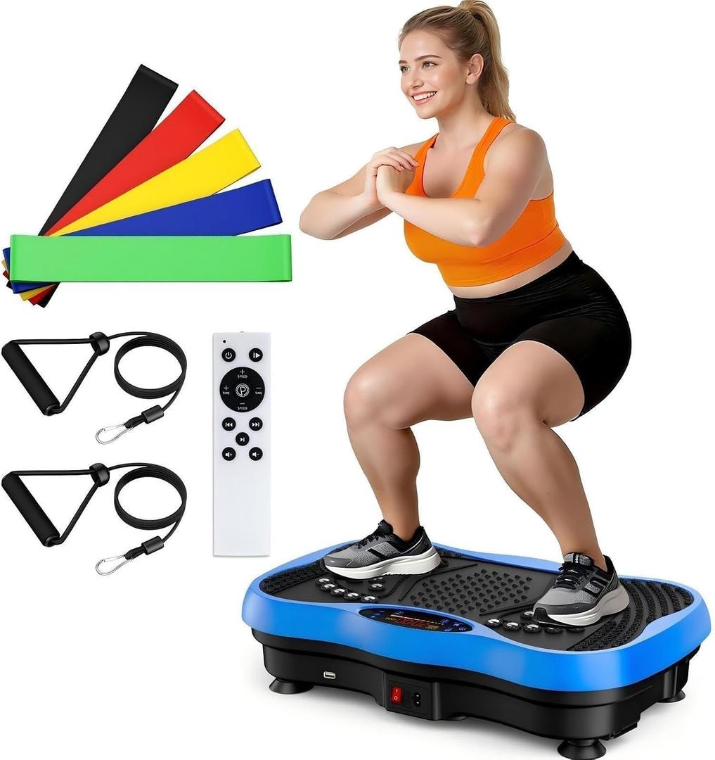 Vibration Plate Exercise Machine for Lymphatic Drainage, Whole Body Home Exercise Vibration Board Equipment with Auto Mode, Bluetooth Resistance Bands Vibrate Fitness Platform for Woman