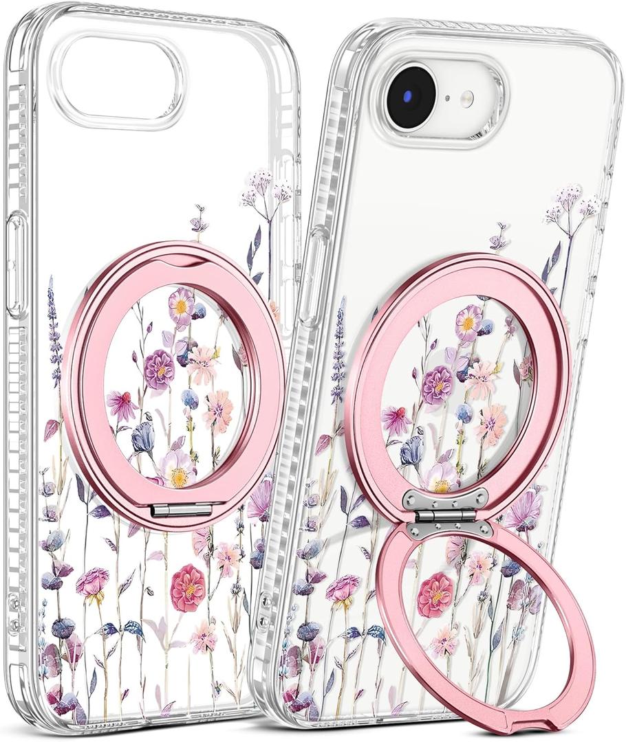 Loheckle for iPhone 17e/16e Case with Stand- Compatible with MagSafe Women Girls Cute Clear Girly Aesthetic Unique Design Soft TPU Magnetic Ring Phone Cover for Apple 17e/16e, Purple Flower