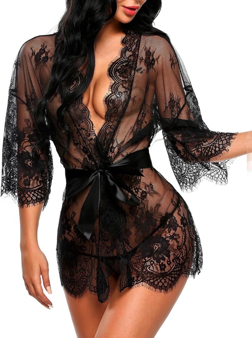 Avidlove Women's Lace Kimono Robe Babydoll Lingerie Mesh Nightgow (Medium, Black)