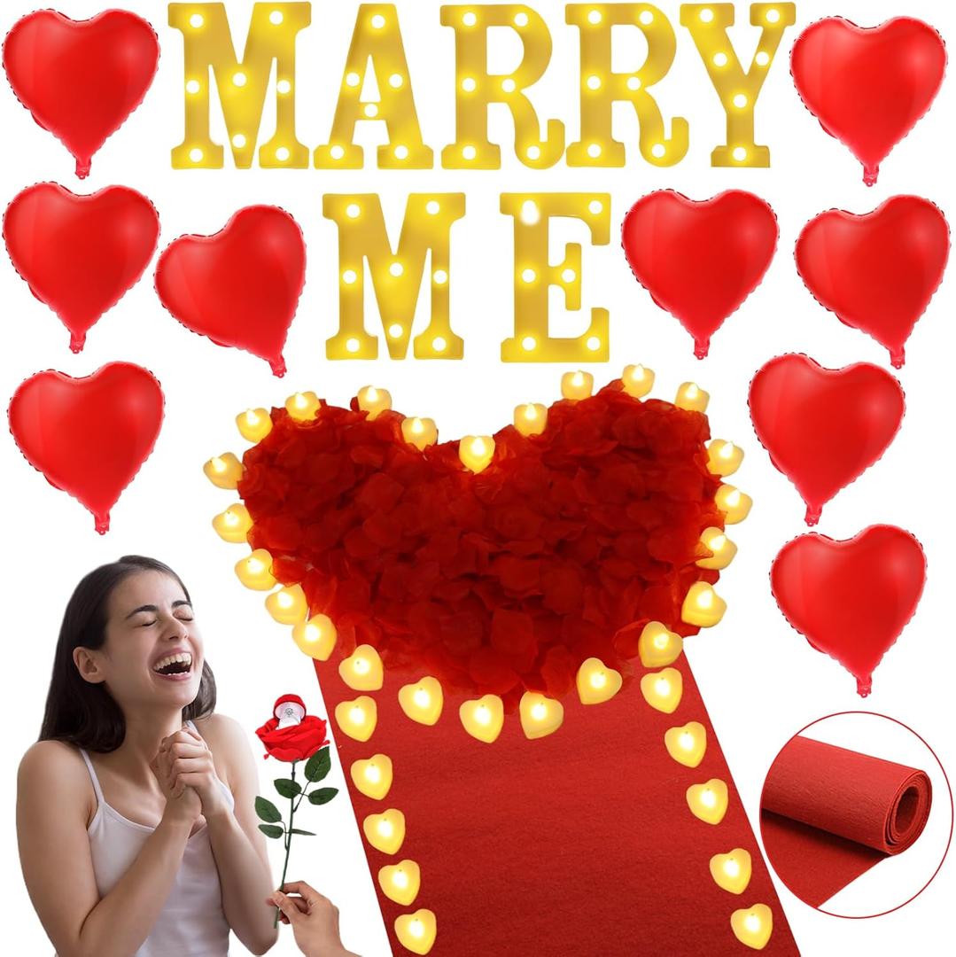 Marry Me Light Up Letters Proposal Decorations Marry Me Sign 24 LED Candles 2000 Rose Petals 10 Foil Balloon 10ft Carpet Runner Rose Ring Box for Valentine's Day Wedding Proposal Engagement (Warm)