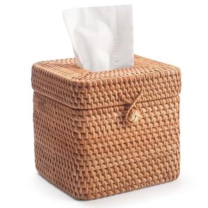 Rattan Tissue Box Cover Natural Woven Facial Napkin Holder Square with Lid 5.7 x 5.7 x 5.5 Inch (Natural)