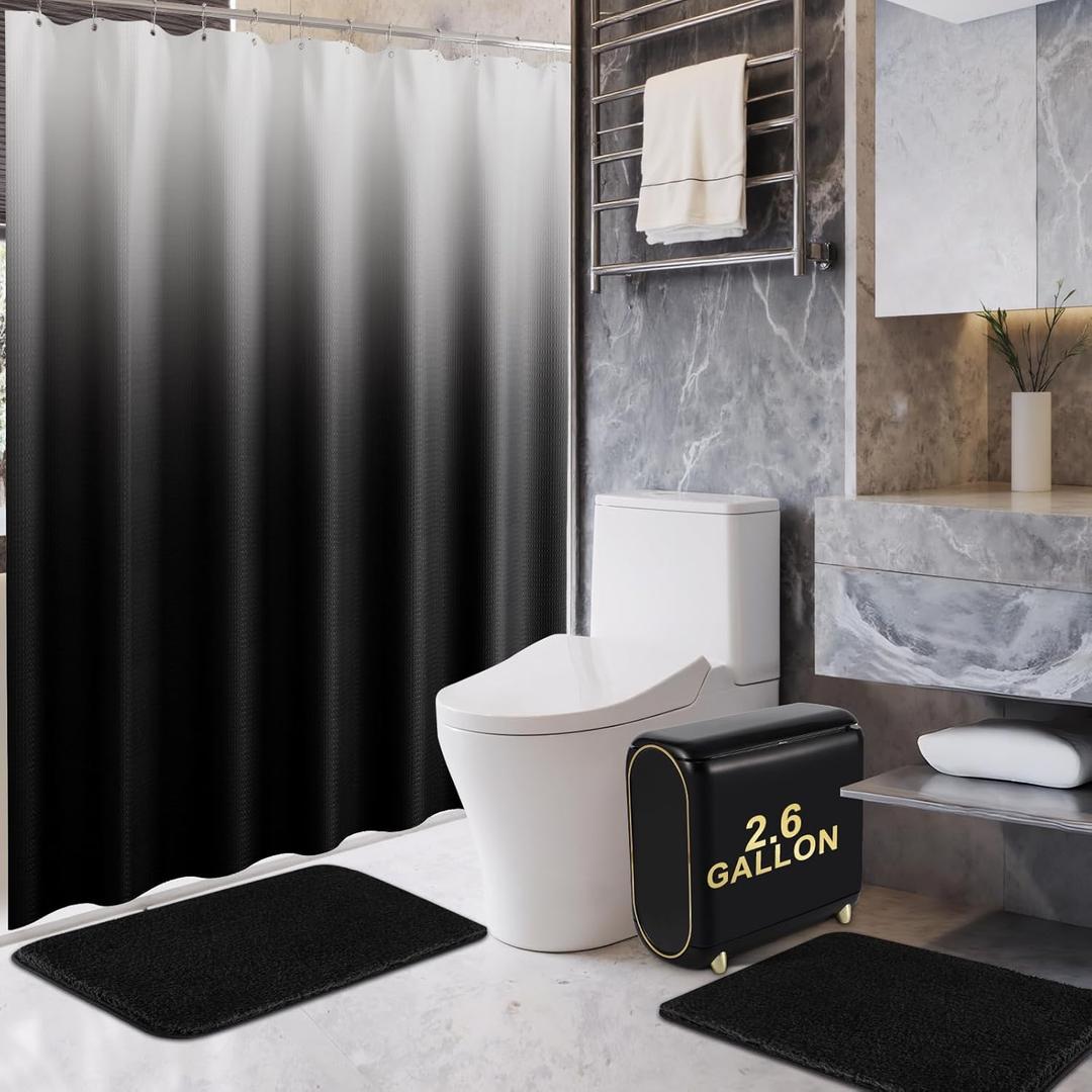 Bathroom Sets with Shower Curtain and Rugs, 2.6 Gallon Slim Trash Can with Wheels, Black Bathroom Set with Trash Can for Home Decor