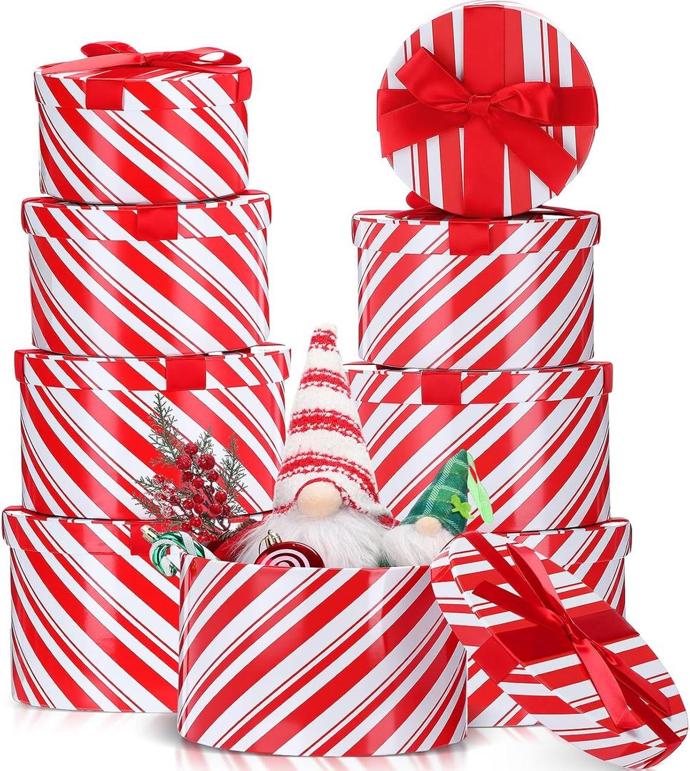 Zhanmai Red White Christmas Nesting Boxes Set of 8, Stackable Round Gifts Box with Lids for Present in 4 Assorted Sizes Candy Cane Box Tower Decor for Present Wrapping Holiday Party Supplies