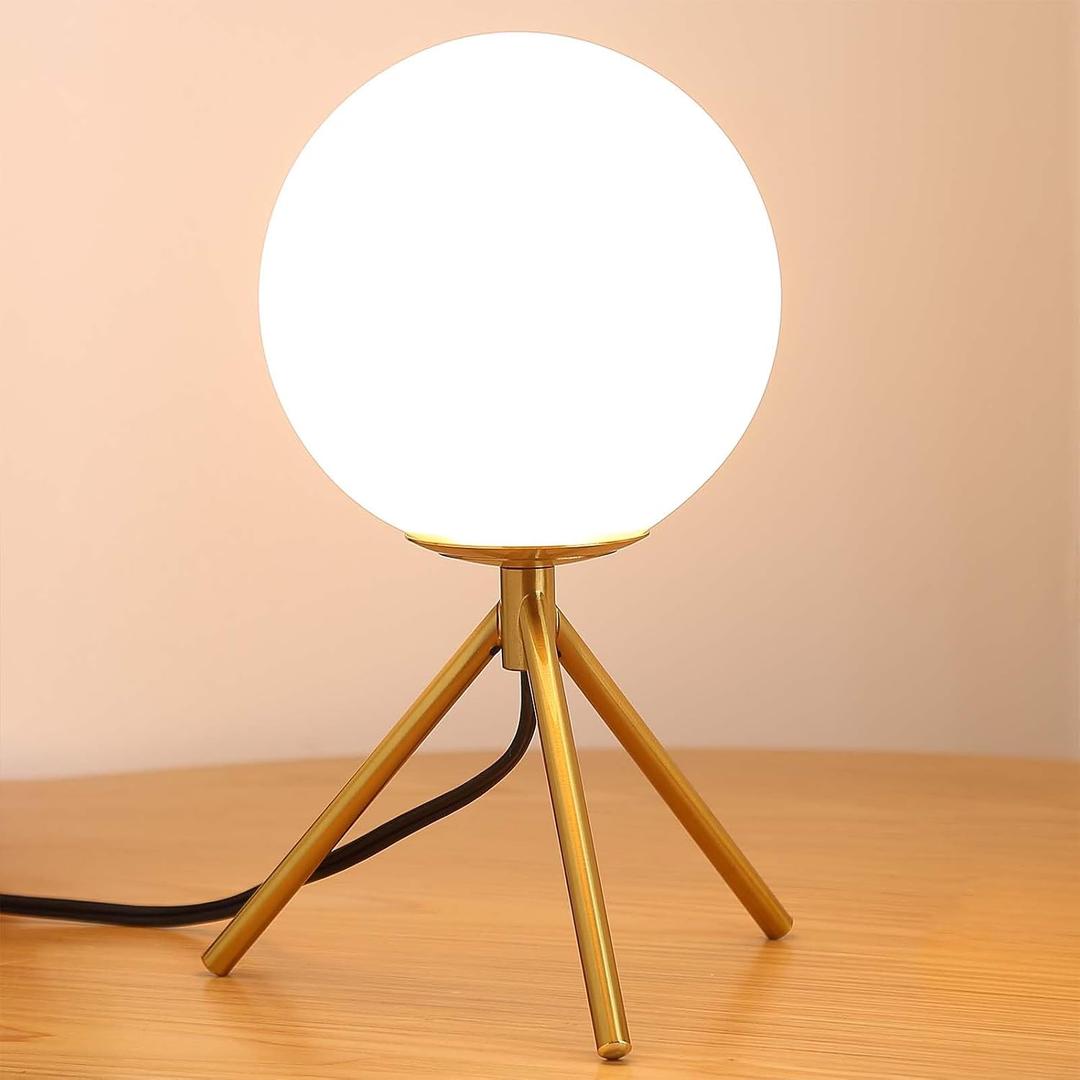 Mid Century Modern Table Lamp - Gold Glass Globe Desk Reading Lamp - Contemporary Minimalist Brushed Brass Bedside Desk Nightstand Industrial Vintage Bedside Table Light, 10"D x 10"W x 13.7"H