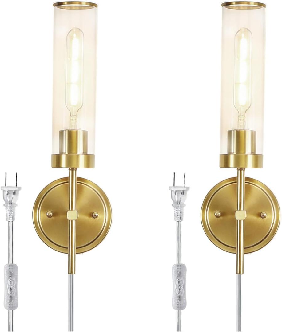 Plug in Wall Sconces Set of Two, Modern Wall Light Plug-in or Hardwired, with Clear Glass Shade, Gold Wall Lamp for Living Room, Bedroom, Bedside, Hallway