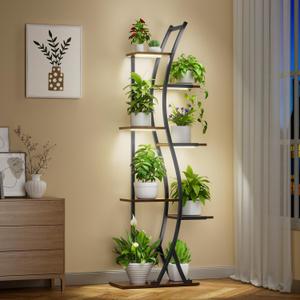 Plant Stand Indoor with Grow Lights - 7 Tiered Tall Metal Plant Shelf - Corner Wooden Plant Stand for Indoor Plants Multiple, Large S-Shape Flower Rack Holder for Living Room, Garden, Patio Decor, 62"