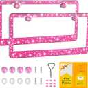 Bling License Plate Frame for Women,2 Pack Premium Stainless Steel Rhinestone Car License Plate Holder,Handmade Glitter Crystal Diamond Lincense Plate Cover,Bedazzled Sparkly Caps-Pink