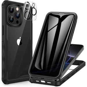 CENHUFO Privacy for iPhone 15 Pro Case, Full Body Phone Case with Built-in 9H Tempered Glass Privacy Screen Protector and Camera Lens Protector, Anti Peep Spy Shockproof Bumper Clear Cover - Black