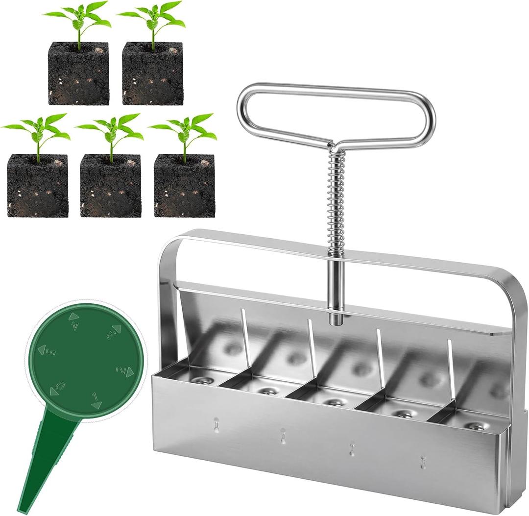 Dreyoo 1 Pack Upgrade Soil Block Maker Hand Held, Manual Blocking Tool for Seed Starting with Dispenser, Garden Potting Soil for Indoor Outdoor Plants, No Transplant Shock (5 Cell,1 1/2 Inch)