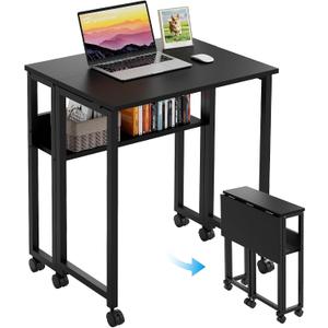 GreenForest Folding Desk Small Rolling Desk with Storage Shelf,24.8 inch Foldable Computer Desk with Wheels for Small Space,Easy Assembly,Black