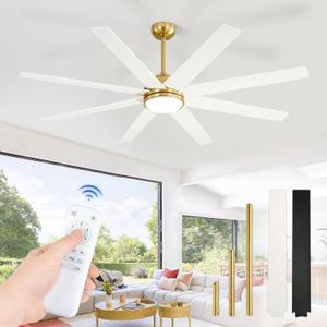Fanbulous 65 Inch Ceiling Fans with Lights and Remote, Gold Indoor/Outdoor Ceiling Fan with Quiet Reversible DC Motor, 6 Speeds, 3CCT, 8 Blades Large Ceiling Fan for Living Room Bedroom Patio