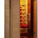 HEATWAVE Buena Vista 1-2 Person Hemlock Low EMF Infrared Wood Sauna for Home & Indoor Relaxation  With 3 Ceramic Heaters, Chromotherapy Lighting, Tempered Glass Door, Built-In Stereo Sound System