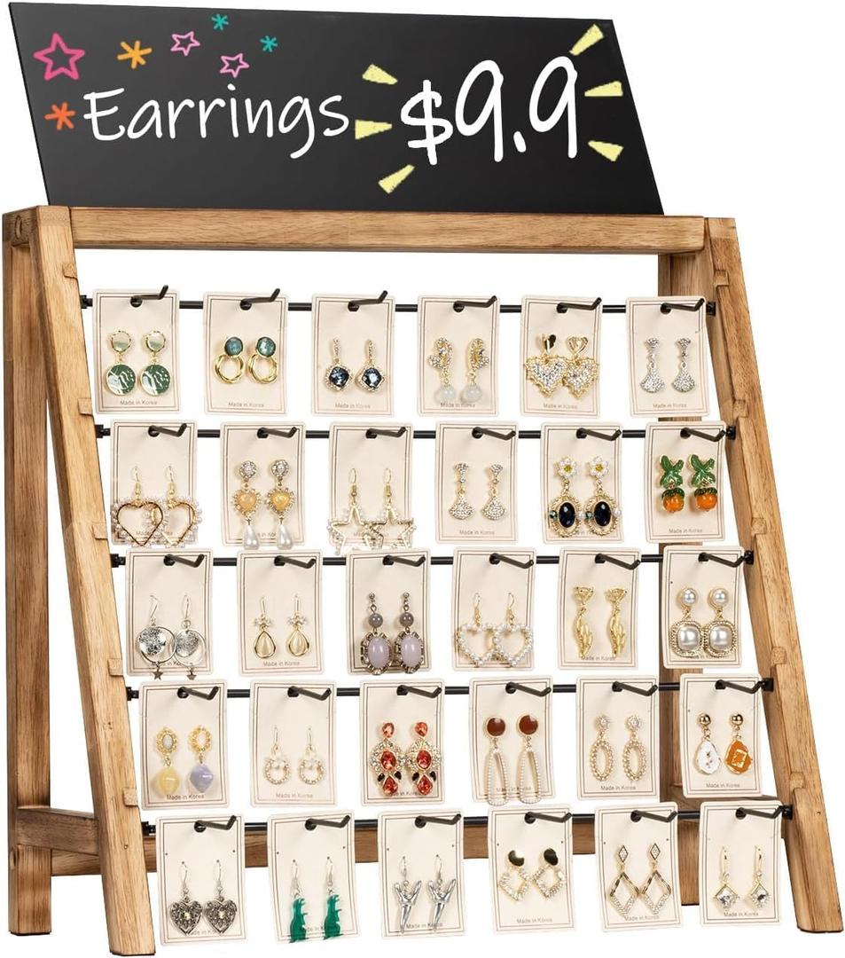 Jewelry Display for Vendors Selling, Wood Earring Bracelet Keychain Display for Vendors with Adversitsing Board 30 Hooks, Large Capacity Jewelry Holder Display Stands Rack for Earring Card (Carbonized Brown)