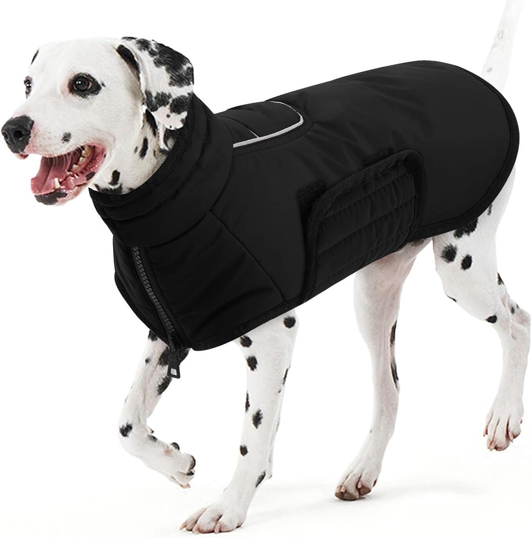 AOFITEE Large Dog Coat - Waterproof Winter Jacket, Fleece Lined, Reflective Snowsuit, XXL (Black)