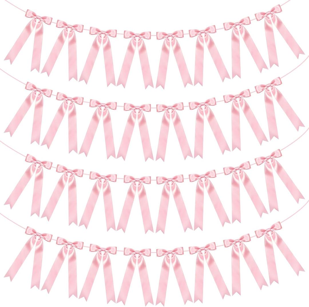 Tegeme 4 String of 32 Pcs Pink Bow Garland Banner Decoration, Preassembled Satin Ribbon Bow Party Decorations for Birthday Valentine's Day Bridal Shower Wedding Baby Shower Engagement Bows Party