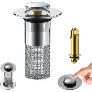 Pop Up Bathroom Sink Drain Strainer Hair Catcher, Sink Drain Stopper with Removable Stainless Steel Filter Basket, for US Universal Bathroom Kitchen Basin Sink Stopper Replacement, Silver