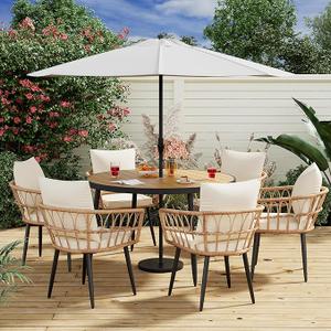 Pamapic 7 Pieces Outdoor Dining Set,All-Weather PE Rattan Patio Dining Sets with Wood Table Top, Outdoor Table and Chairs for 6 with Removable Cushion for Lawn Garden Patio, Cream